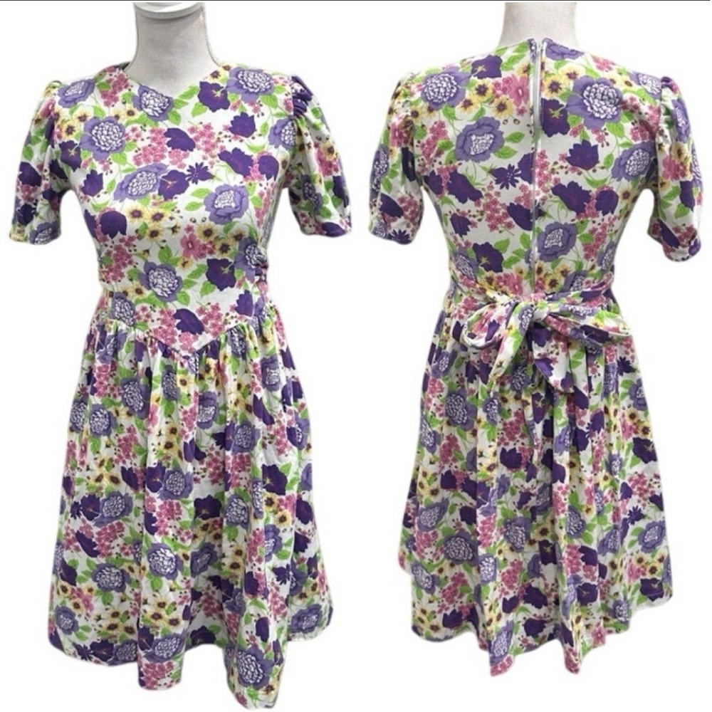 VTG Christie Brooks Floral Drop Waist‎ Dress Purple Pink Puff Sleeve Cottage XS